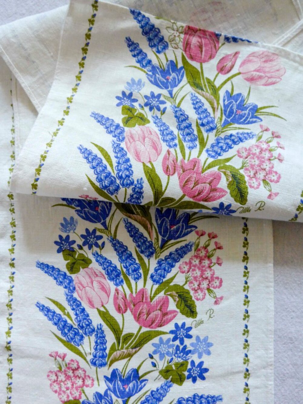 Vintage Frösö Handtryck Swedish Long Floral Table Runner